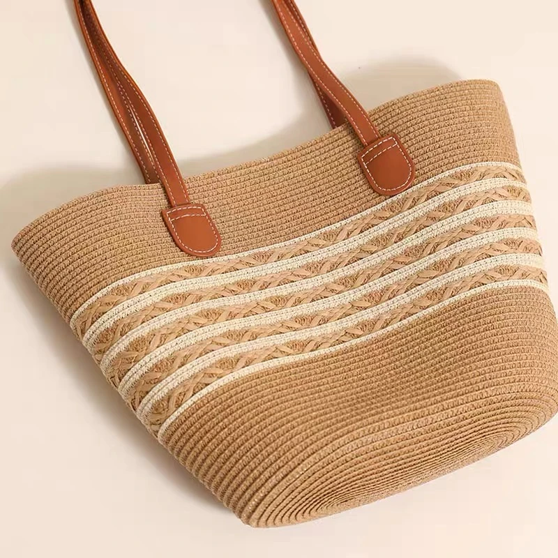 编织草编包夏新款通勤大容量条纹单肩百搭时尚沙滩包包女士25123