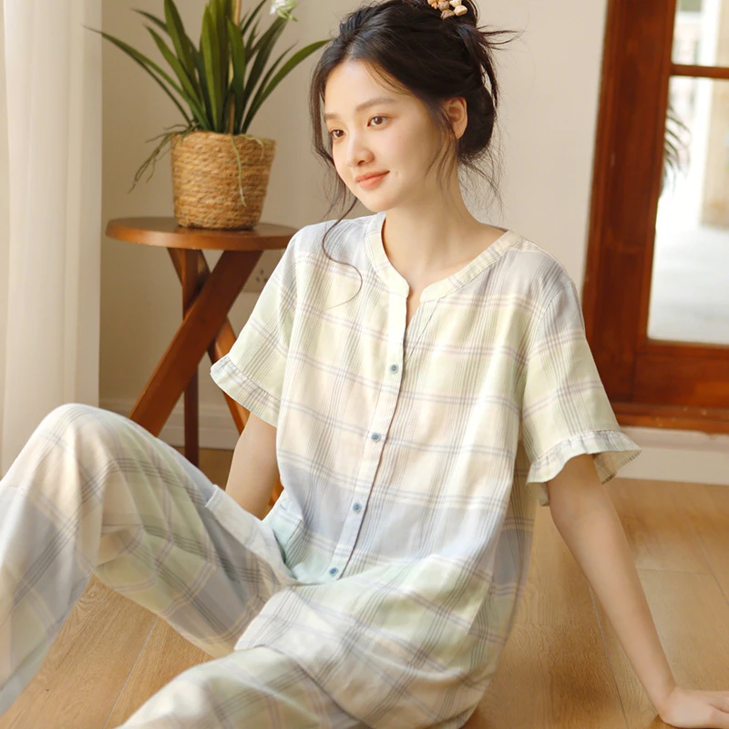 胸垫睡衣夏凉夏季大码双层纱短袖长裤家居服休闲可外穿新款纯棉薄