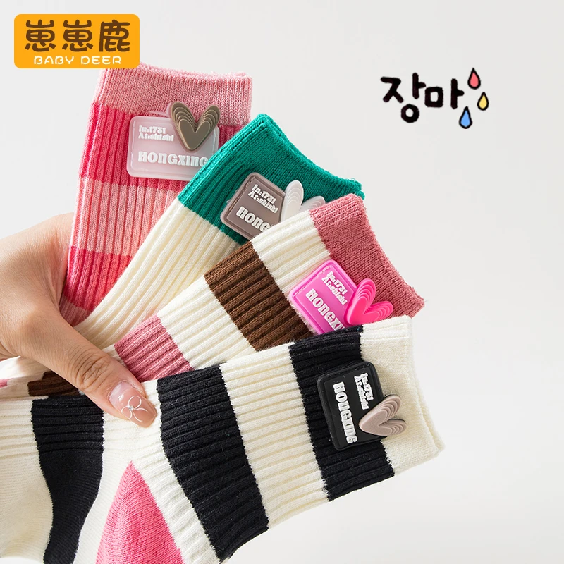 多巴胺女童袜子春秋季中筒棉袜儿童韩版彩虹条纹彩色秋冬无骨潮袜