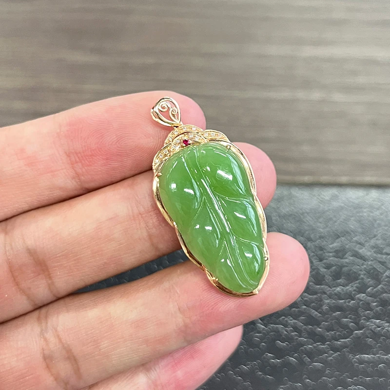 【孤品】琳琯瑛和田玉  18k金碧玉叶子吊坠 约39*18.2*8mm