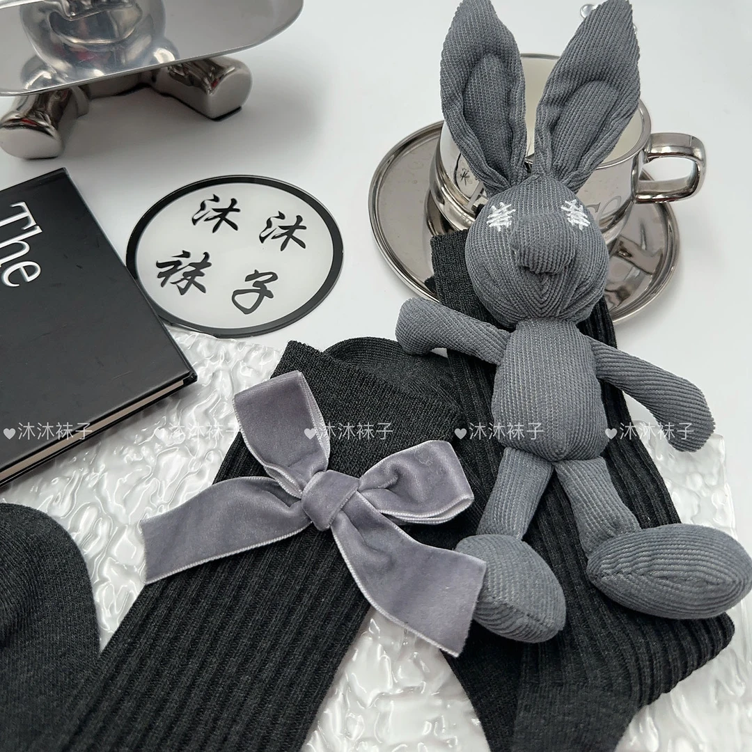 日系可爱卡通立体玩偶兔子中筒袜子女百搭AB版甜美风蝴蝶结堆堆袜