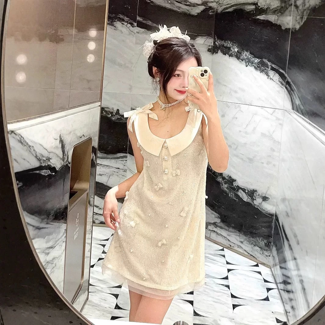 【DÉ MYSTÈRE】法式时尚蝴蝶结重工珠片公主千金无袖连衣裙GFC25004