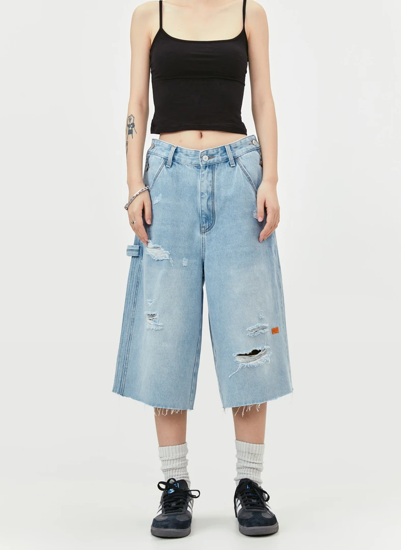 【破价】【EME】复古休闲通勤牛仔裤宽松直筒阔腿水洗破洞短裤