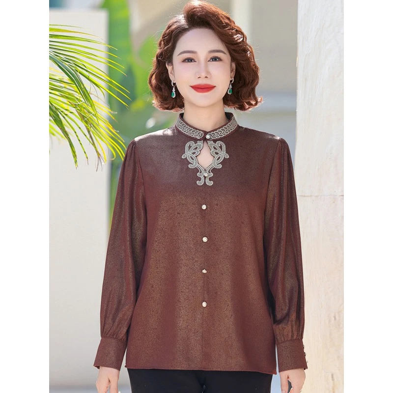 妈妈秋装长袖上衣立领小衫洋气中老年女春秋打底衫套头40岁50衬衣