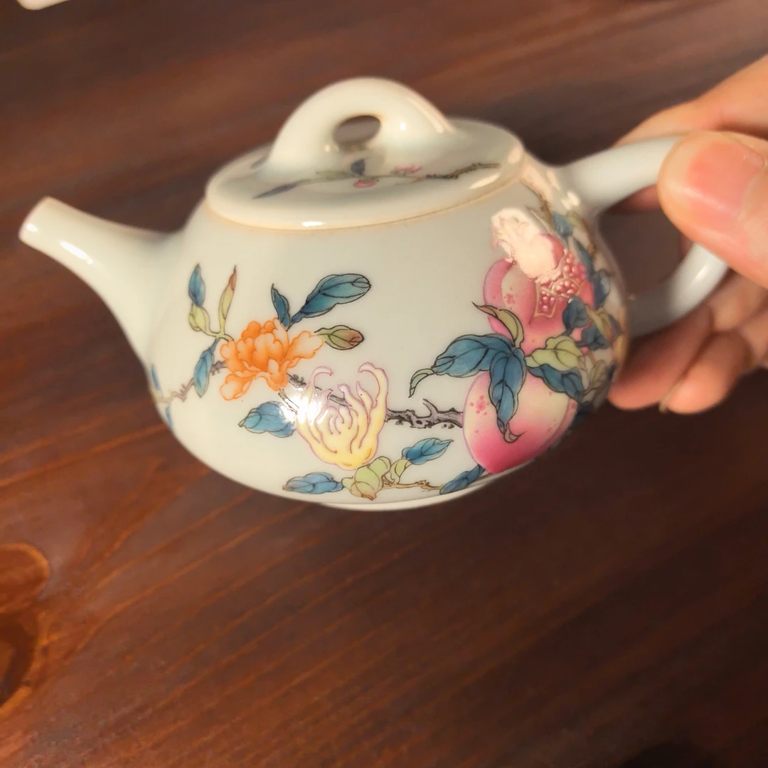 纯手绘粉彩三多石瓢茶壶
