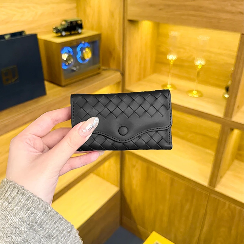 BV头层胎牛皮纯手工编织钥匙包小型包包时尚简约高级感黑色多功能