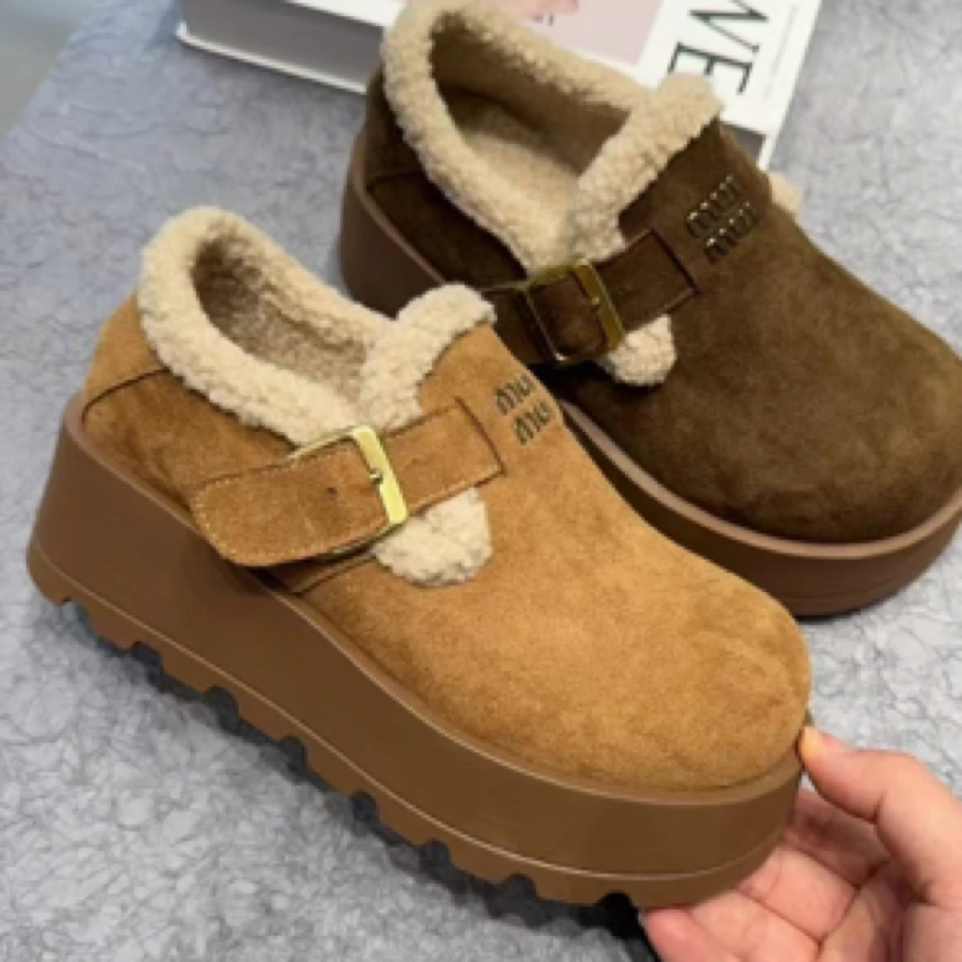 55-3#Y复古厚底毛毛鞋女鞋子慵懒风休闲加绒勃肯鞋女