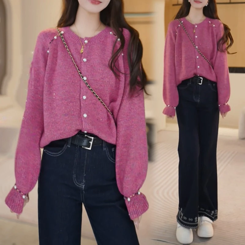 法式温柔风圆领针织开衫女秋冬季新款宽松慵懒风软糯百搭毛衣外套