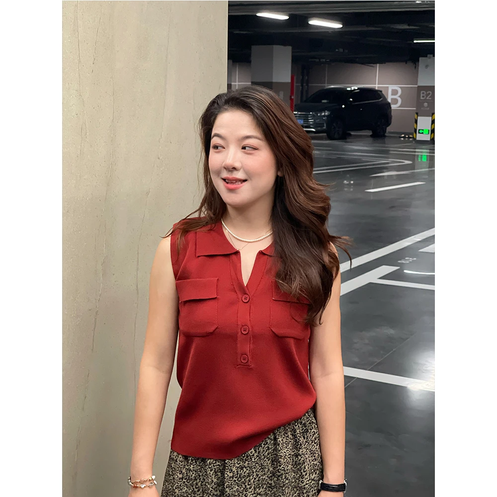 WenWen小个子2025夏季新款韩版V领时尚洋气减龄无袖针织衫4154