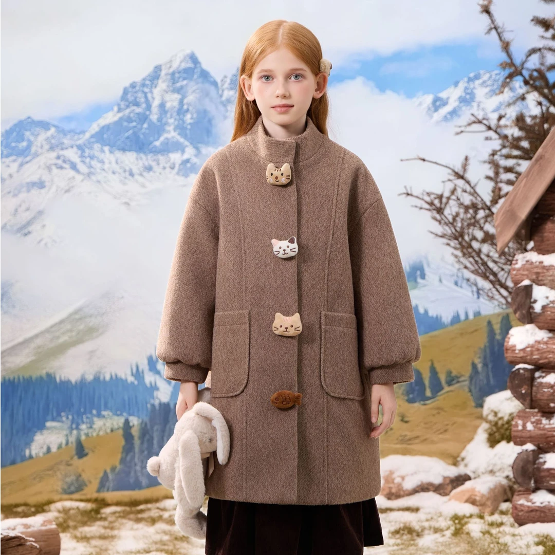 女童夹棉加厚毛呢外套秋冬新款洋气中大童中长款呢子大衣4072