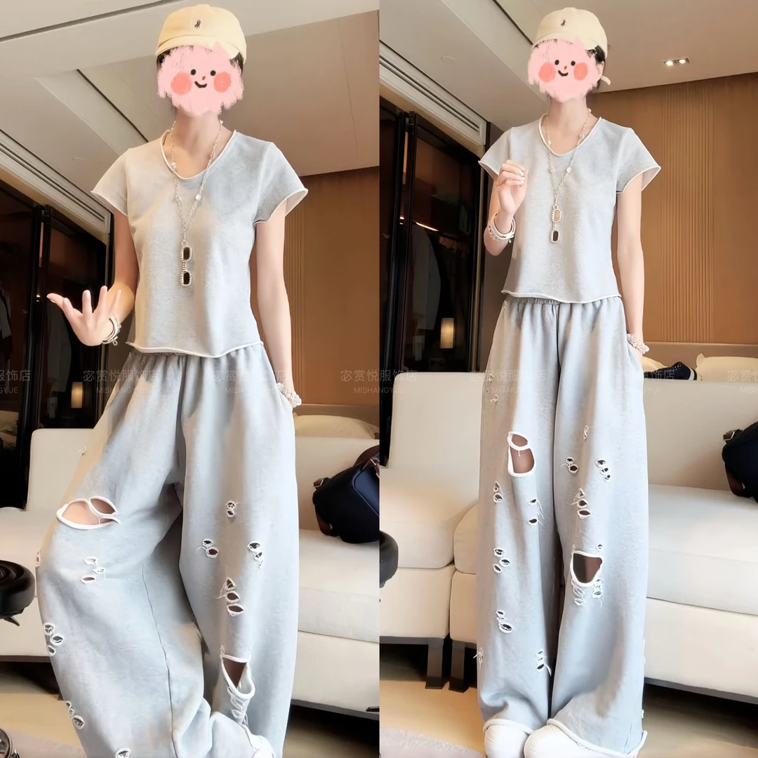 小众女装夏季简约短袖T恤上衣百搭破洞阔腿裤休闲套装洋气衣服女
