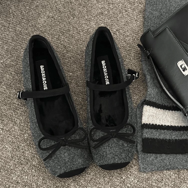 法式灰色小香风加绒玛丽珍单鞋女鞋子2025秋冬季芭蕾舞勃肯豆豆鞋