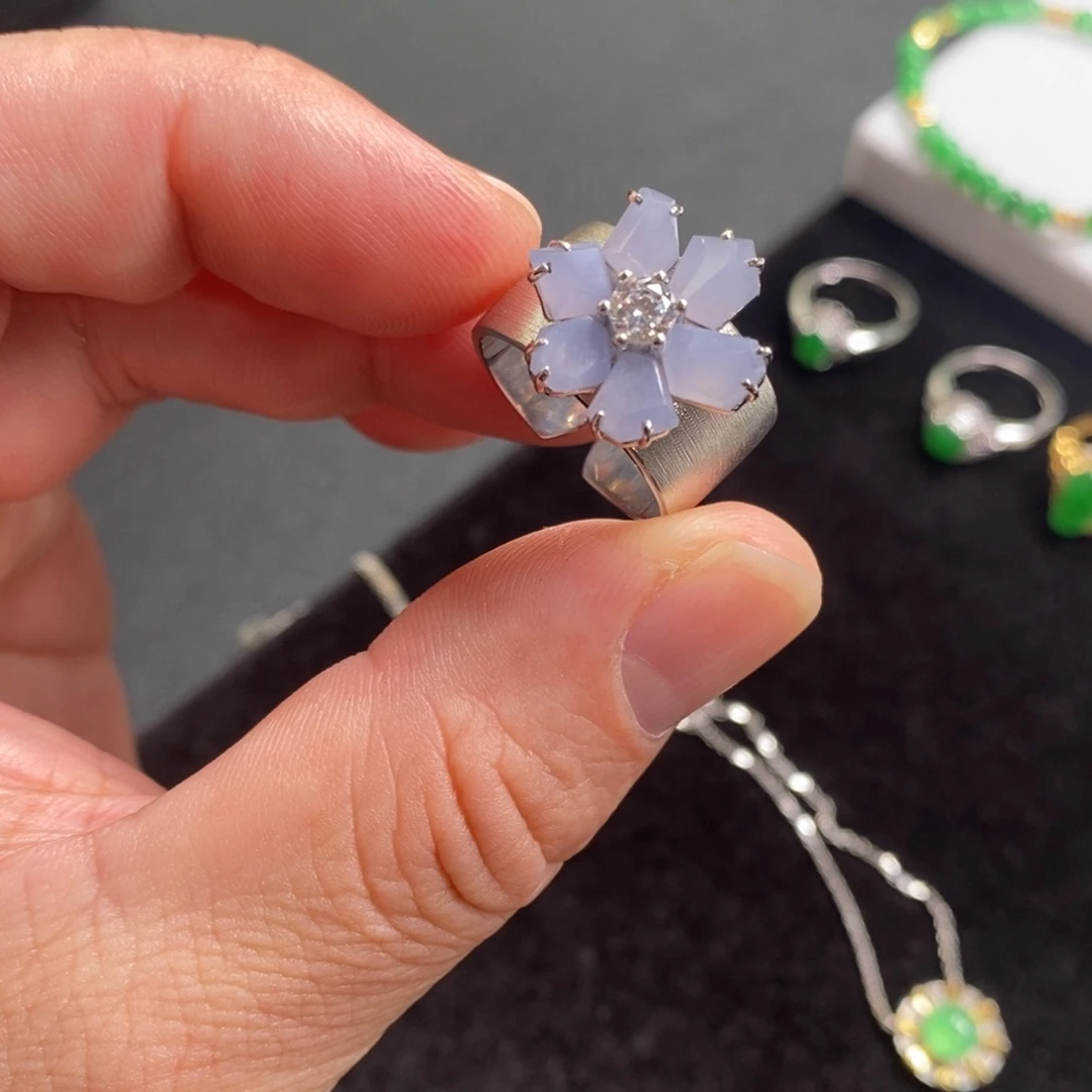 翡翠银S925镶嵌戒指紫花戒指