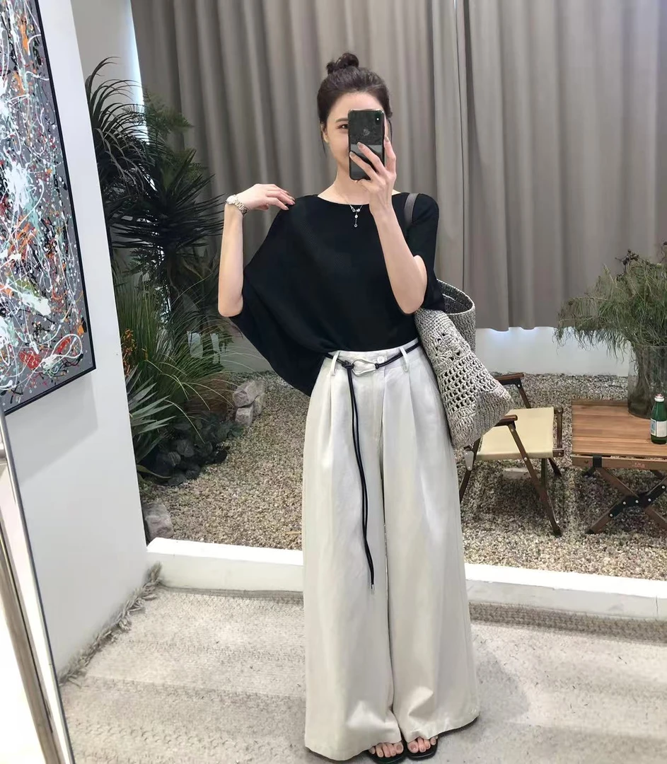 赛络纺天丝牛仔棉～时尚慵懒斜腰阔阔腿裤杏色长裤（配腰带）