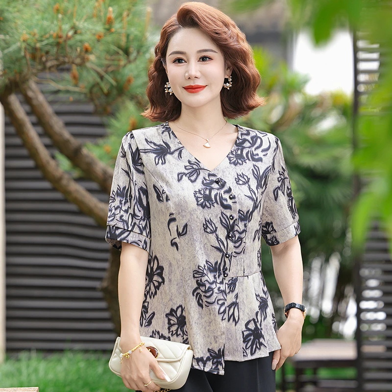 妈妈夏装短袖T恤洋气阔太太母亲节上衣衬衫高贵套装中老年人女装