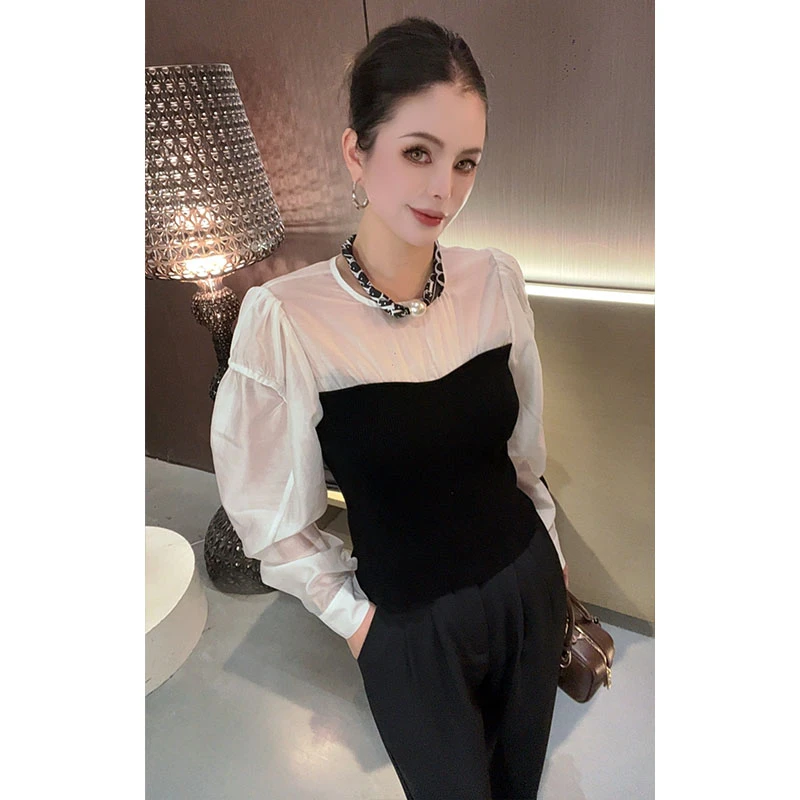 （特价）圆领泡泡袖拼接针织衬衫上衣CS30933