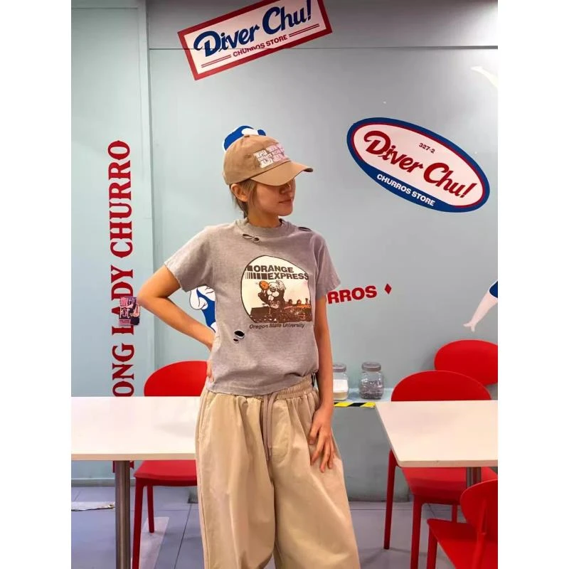 现货！泡菜 garment 公鸡家 2025新款卡通印花破洞短袖T恤