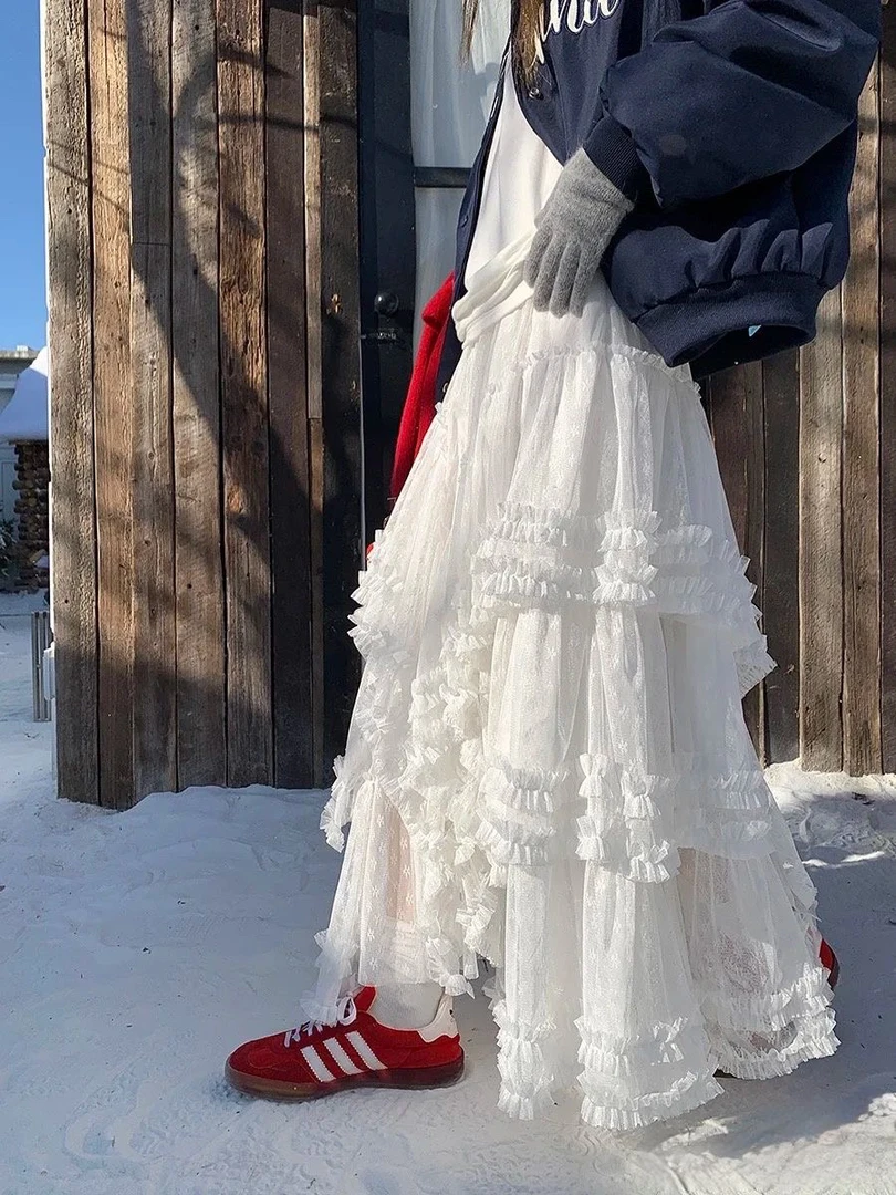 2025新款时髦重工宽松显瘦中长款蕾丝半身裙女蛋糕裙