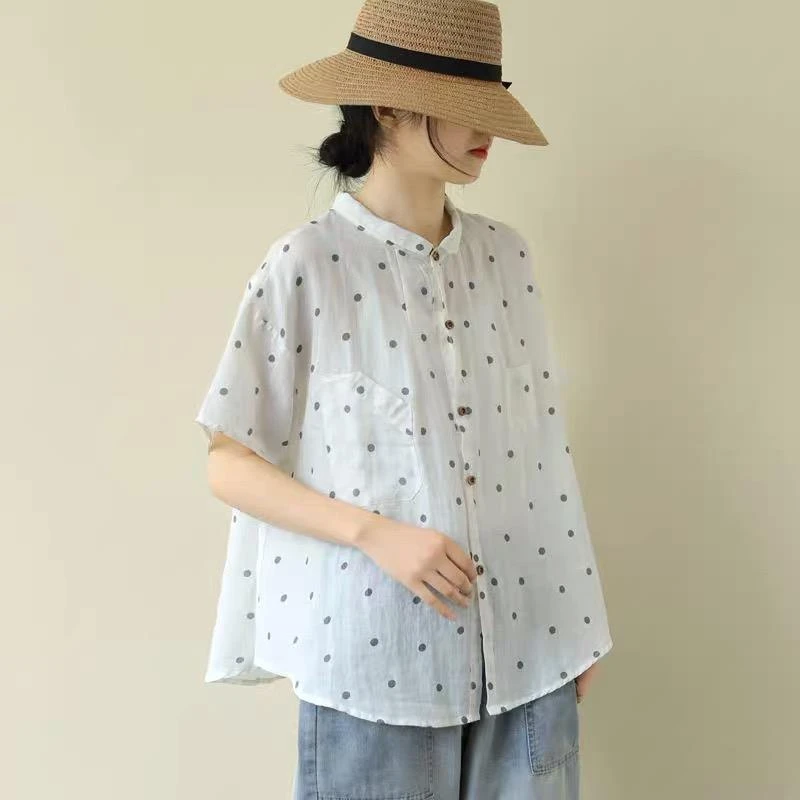 文艺复古波点棉麻衬衫女装2025夏季新款休闲时尚气质百搭上衣