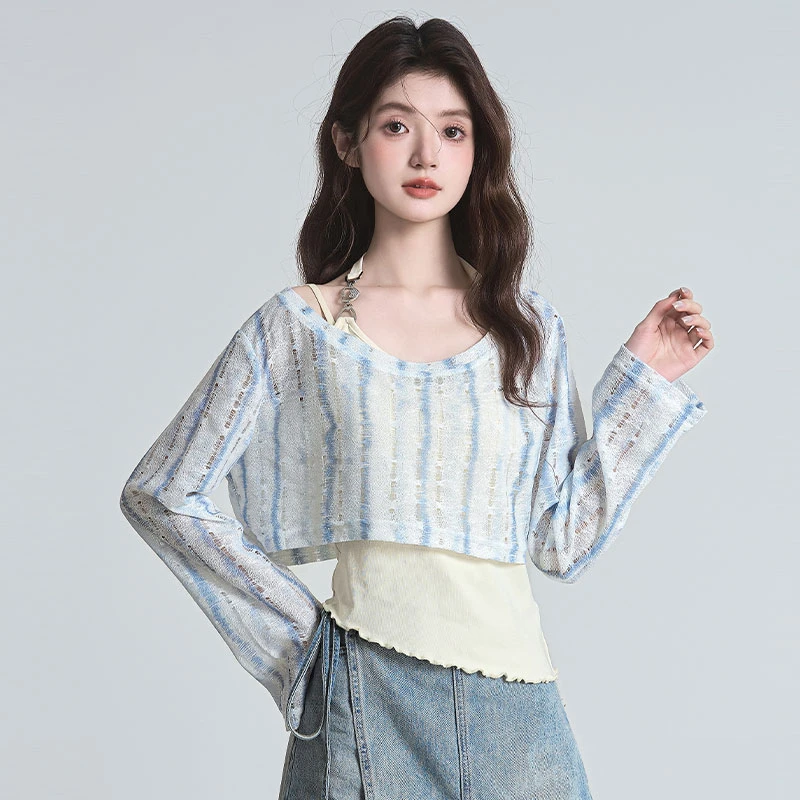 休闲罩衫吊带真两件套装女2025年春夏秋新款气质镂空针织衫上衣潮