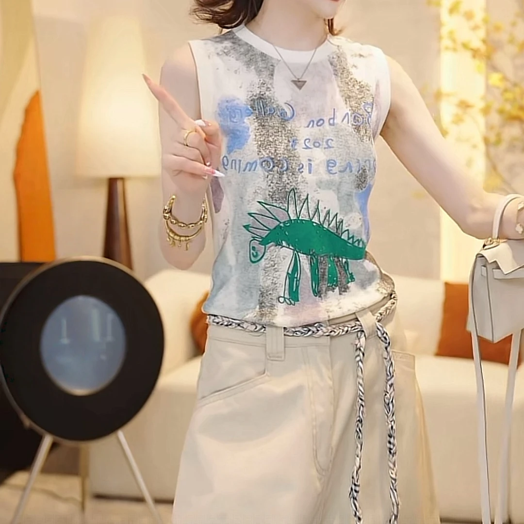 洋气复古涂鸦无袖针织背心女2025夏季宽松凉快背心舒适文艺小衫