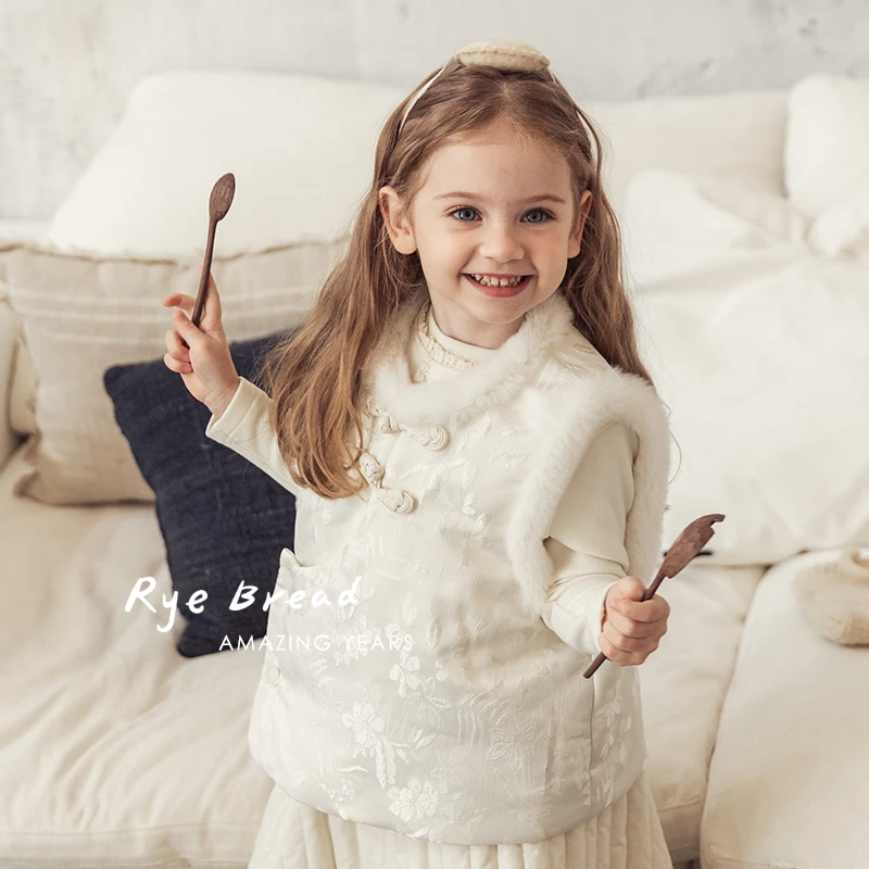 ryebread/黑面包童装 韩系毛毛小立领女小童中式马甲4冬