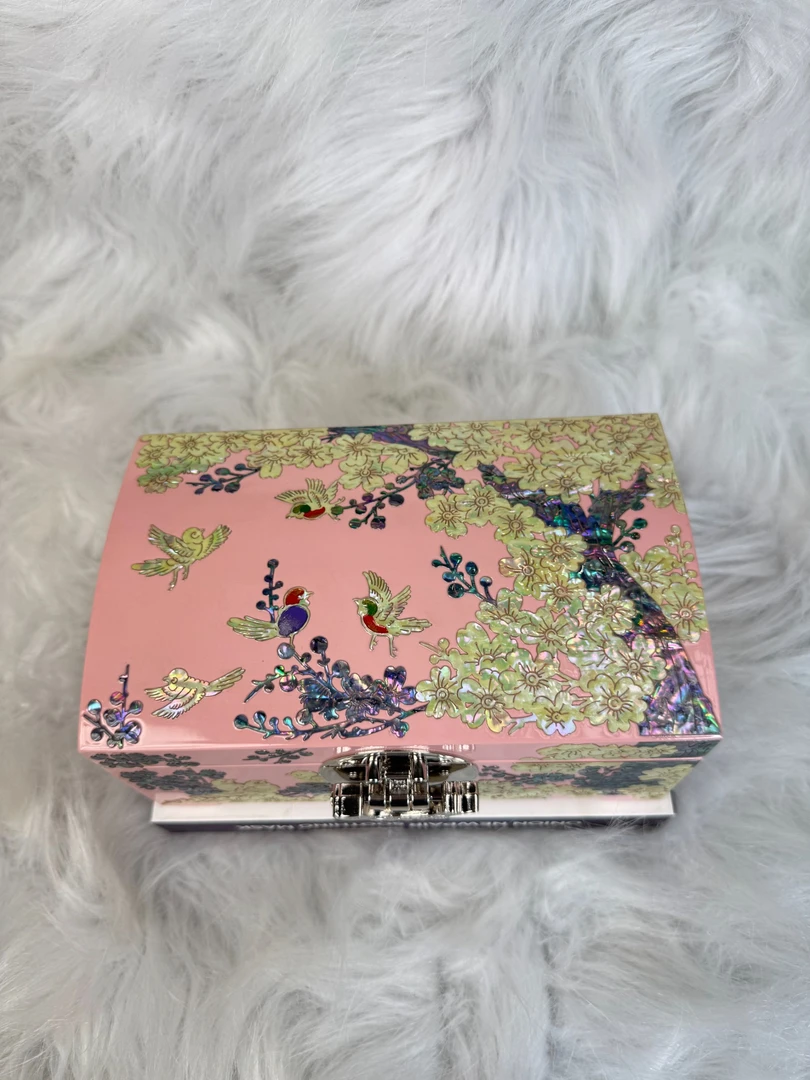 首饰盒/箱 喜上眉梢粉色绒布底螺钿漆器首饰盒纯手工高档首饰盒