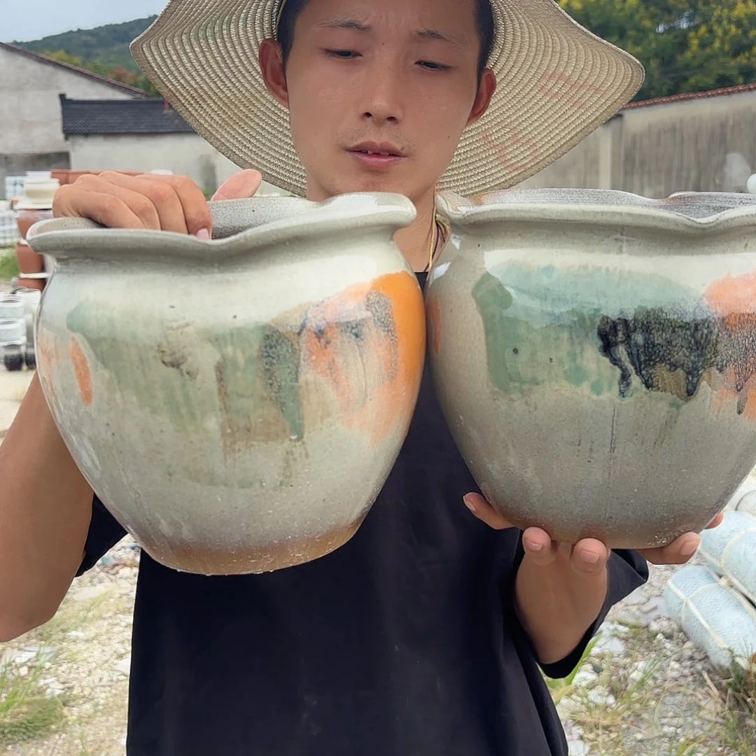 紫砂花盆油画亮两个口径20高度18