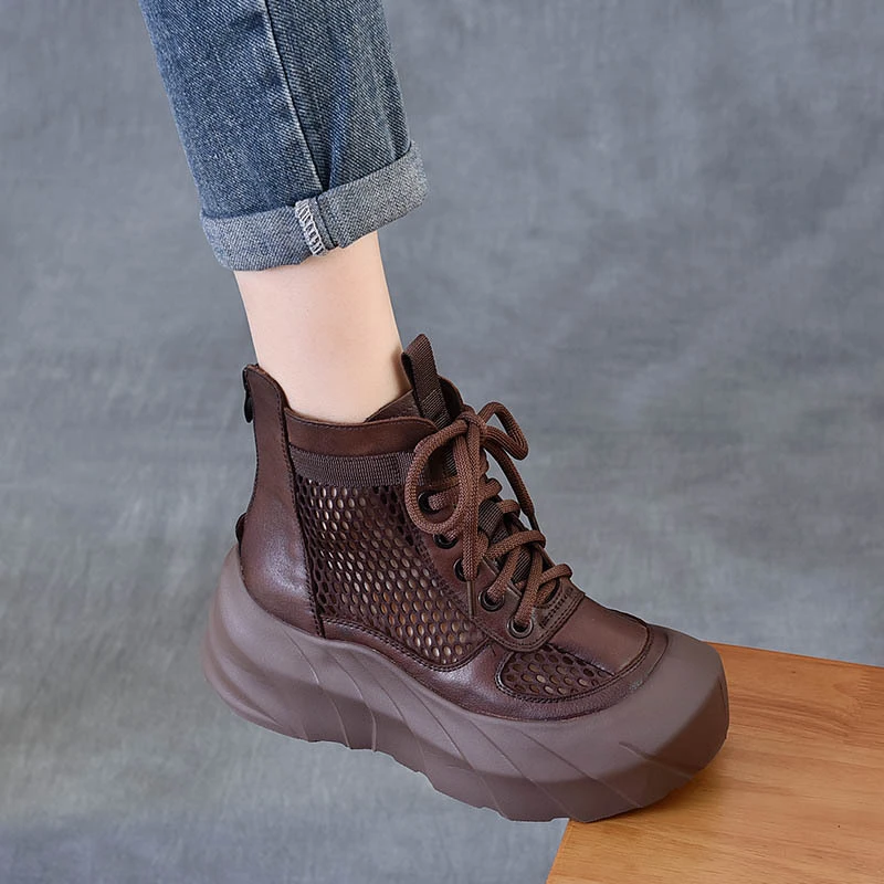 复古休闲马丁靴2025春夏凉靴头层牛皮网状系带拉链厚底短靴防水台