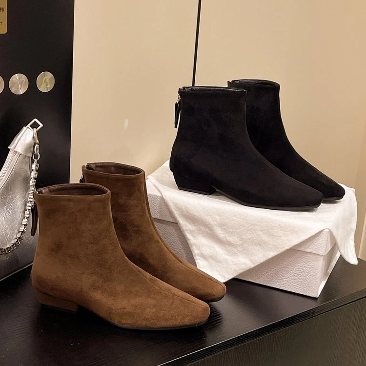 小方头方根韩版瘦瘦靴百搭女鞋气质时尚羊京绒