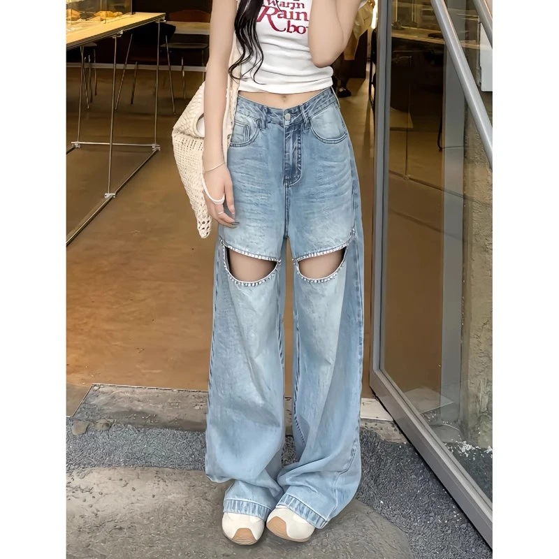 浅蓝宽松显瘦直筒钉珠亮片破洞牛仔裤女夏欧货高腰一字牛仔裤女孩