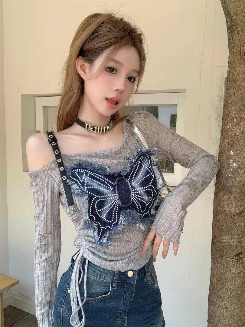 A 设计感露肩长袖蝴蝶上衣女辣妹显瘦抽绳款式春夏季