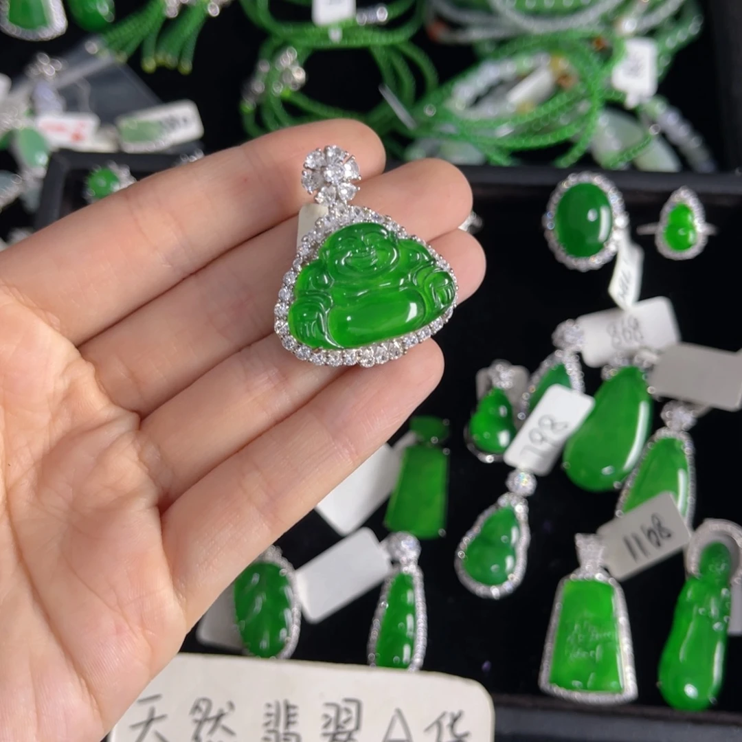 翡翠银S925镶嵌戒指佛公吊坠
