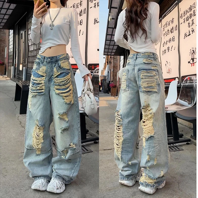 夏季薄款大码弯刀拖地裤2025新款微胖高腰显瘦洋气磨破牛仔裤女款