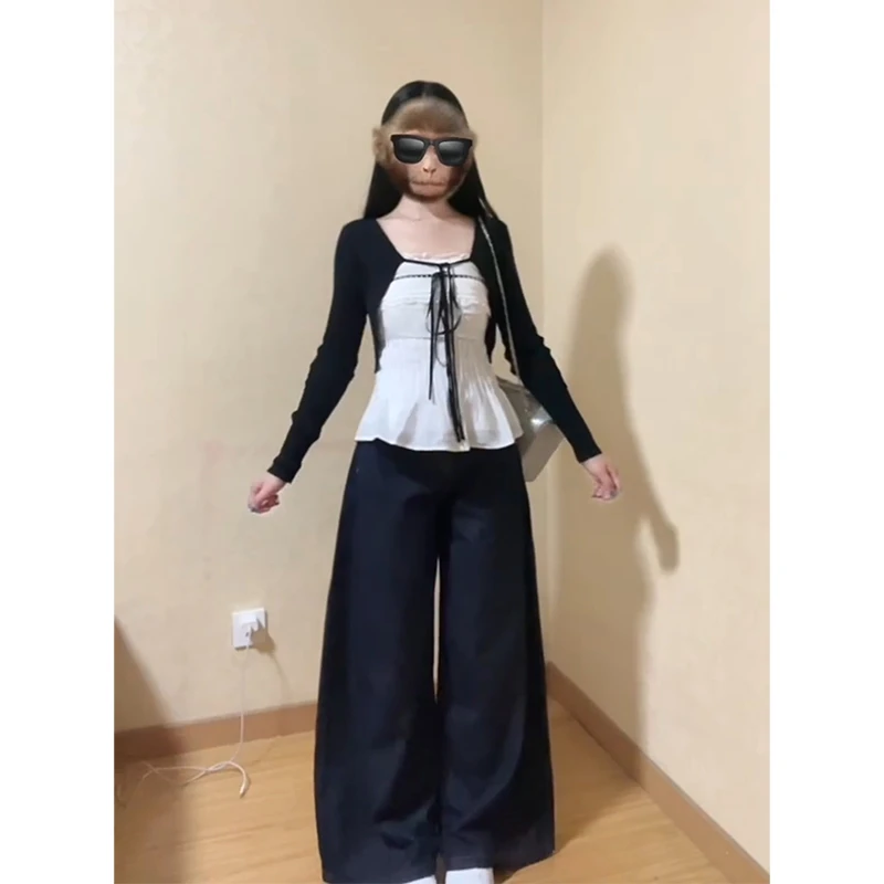 纯欲辣妹黑色系带针织衫搭抹胸上衣阔腿休闲裤秋季新款两件套装潮