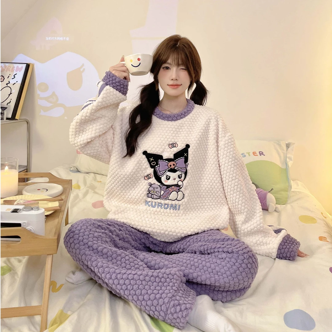 珊瑚绒甜美卡通睡衣女保暖加厚秋冬新款双长套装软绵绵外穿家居服