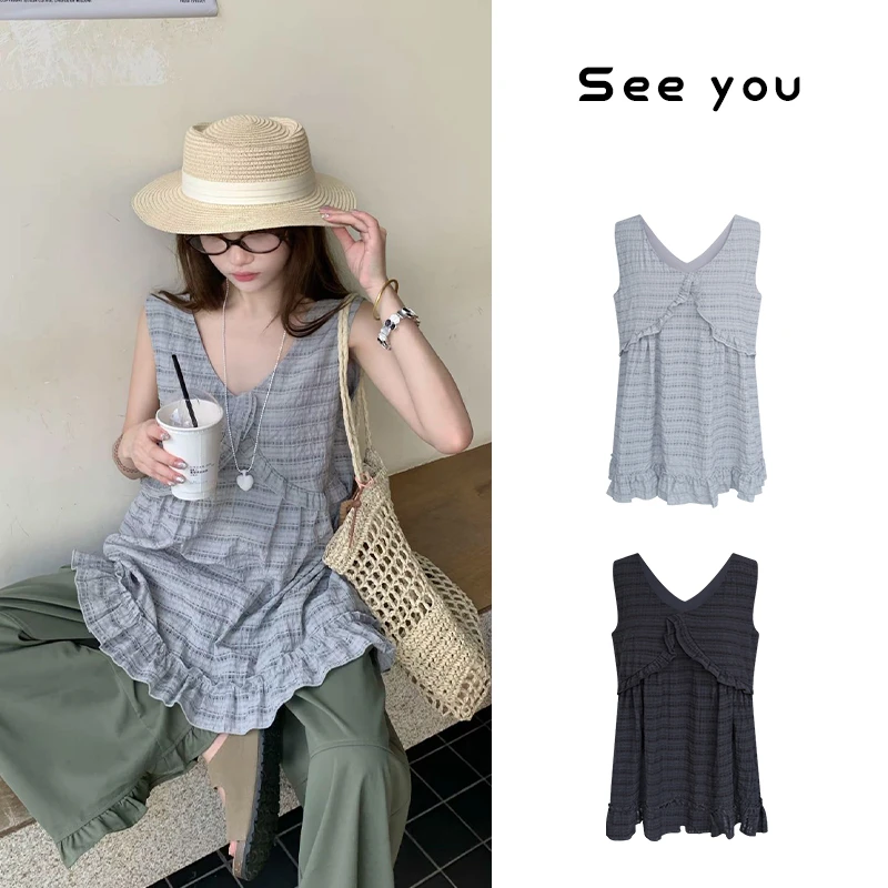 韩版休闲风拼接木耳边衬衫女宽松显瘦无袖条纹背心 A1086