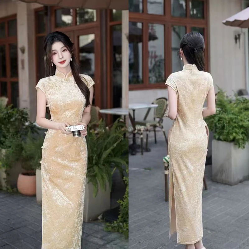 短袖中国风日常夏季ins少女改良遮肚旗袍裙提花长旗袍旗袍复古