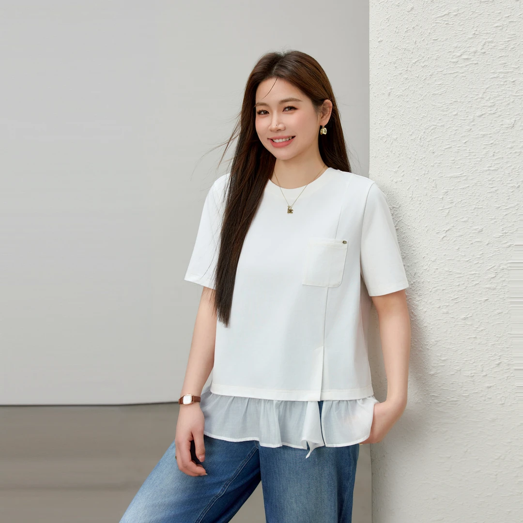 【沉雾颂歌】纤莉秀E大码女装拼接设计感罗纹圆领显瘦短袖T恤QK1213