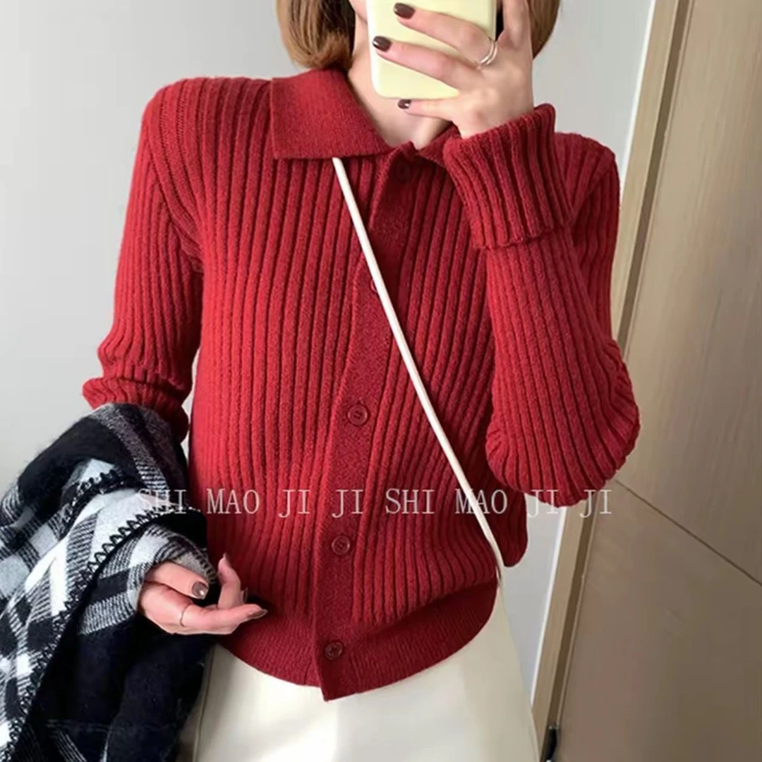 红色洋气外穿翻领针织开衫女上衣秋冬季新款宽松百坑条毛衣外套