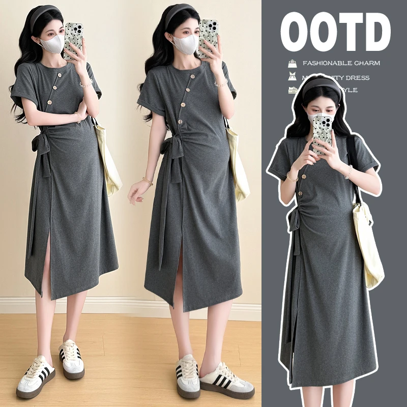 「圈圈优选」小个子2025新款夏季休闲孕妇装斜扣褶皱中长款连衣裙