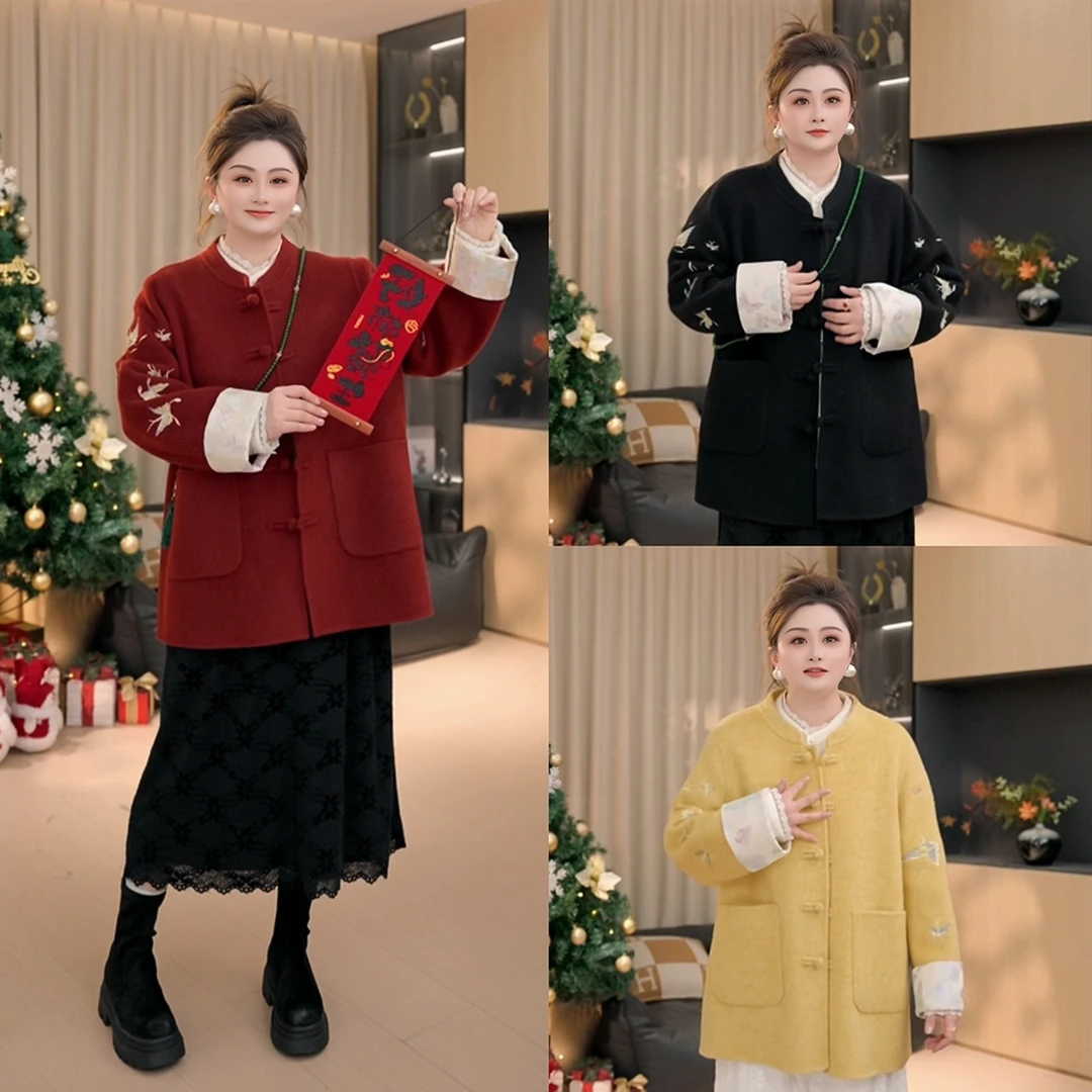 【胖佳佳】现货~梦里看花 冬季高级刺绣新中式双面呢大衣H625M17842