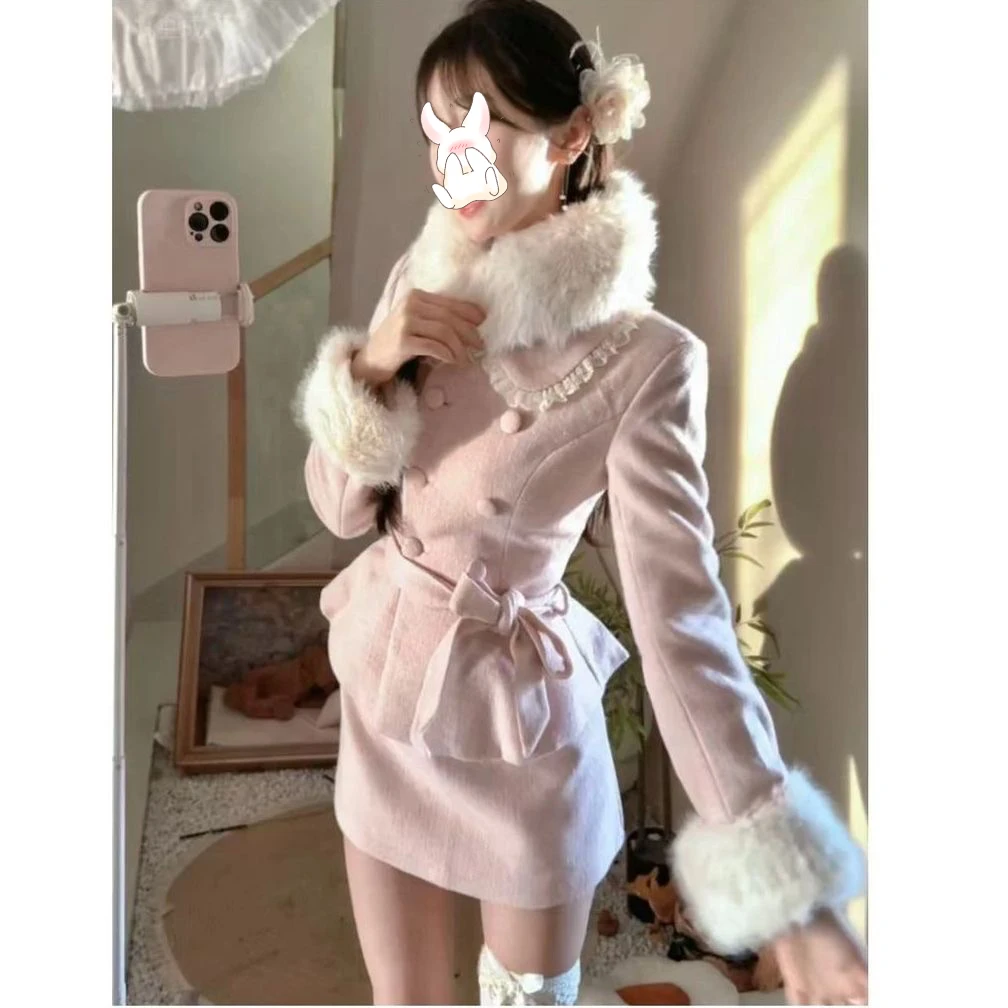 【运补5-8元】甜美风套装女冬季千金名媛粉色收腰外套短裙两件套
