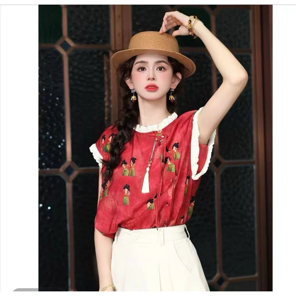 [全额运费补贴】新中式国风夏季女款休闲宽松盘扣衬衫复古小众红色