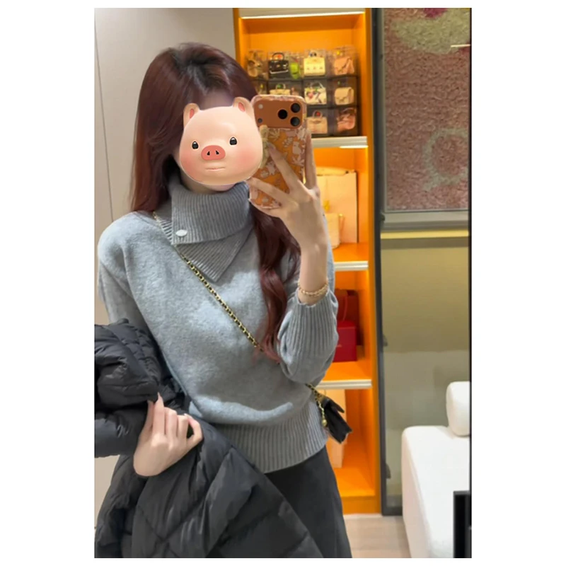 不规则设计感翻领加厚毛衣2025秋冬新款百搭宽松显瘦慵懒感上衣女