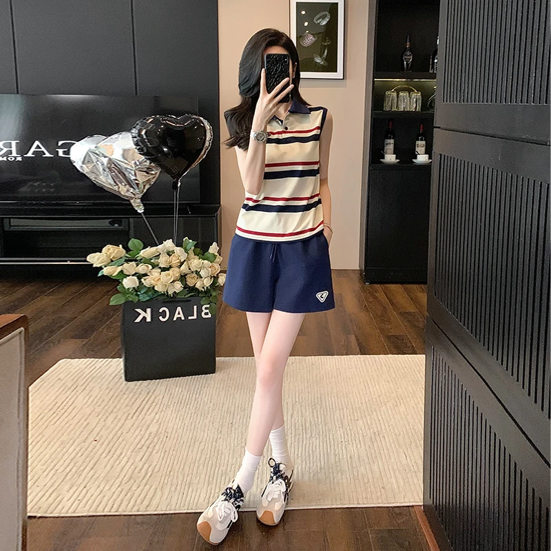 撞色翻领条纹坎肩背心短裤休闲运动套装女夏时尚跑步网球羽毛球服