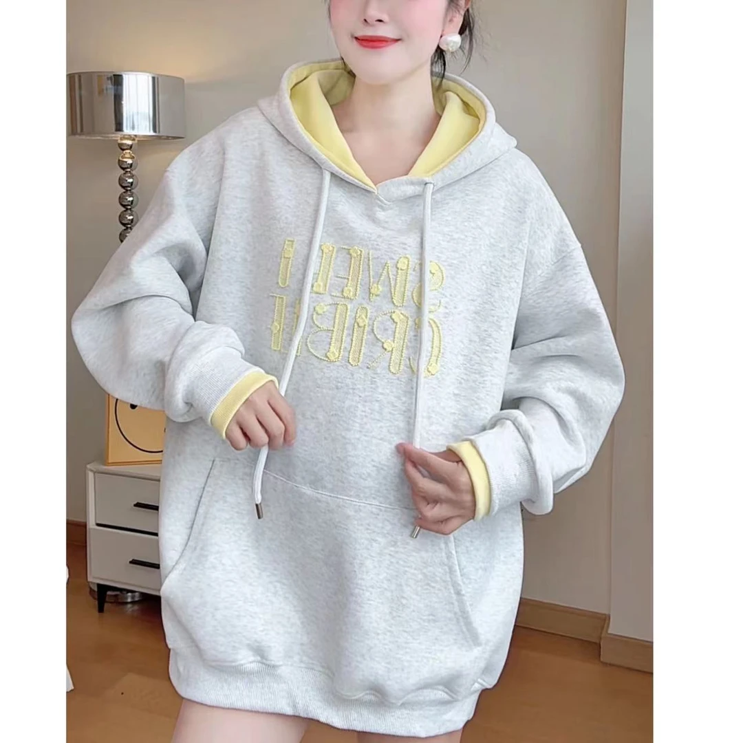 秋冬新款加绒连帽宽松套头字母刺绣卫衣2025秋冬撞色帽衫卫衣5008