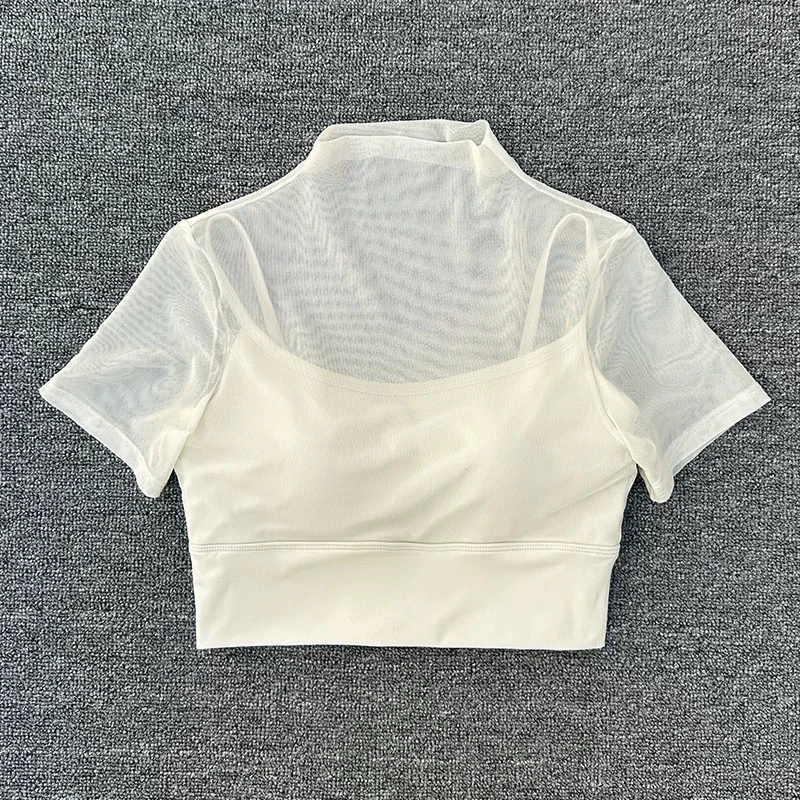 一体杯胸垫瑜伽服速干女普拉提训练健身上衣网纱运动跑步短袖t恤