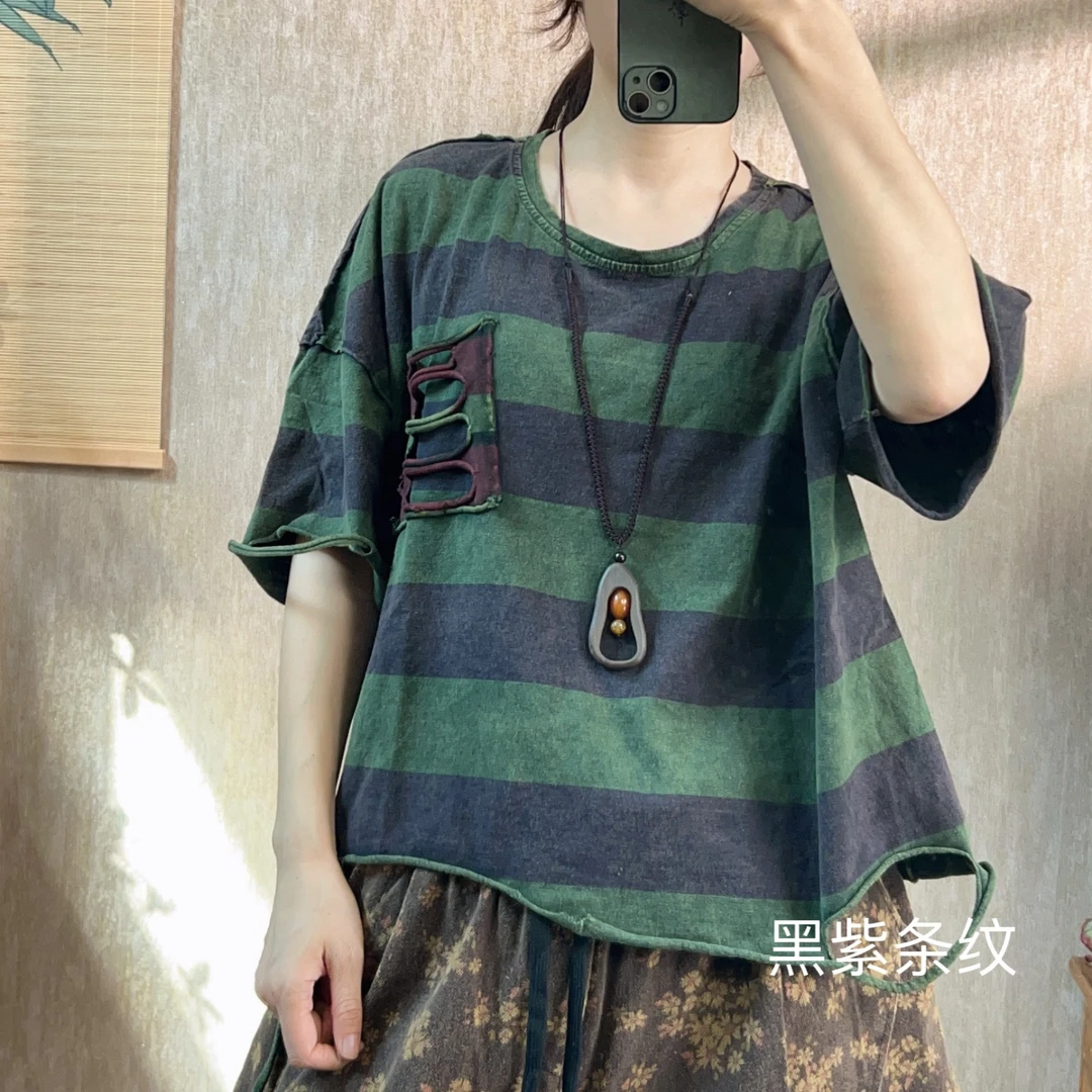2225破洞口袋炒色宽条纹休闲舒适圆领套头棉T短袖