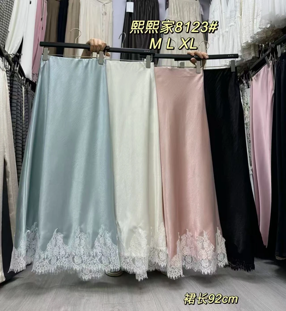 8123款春季新款松紧高腰显瘦复合蕾丝拼接直筒裙